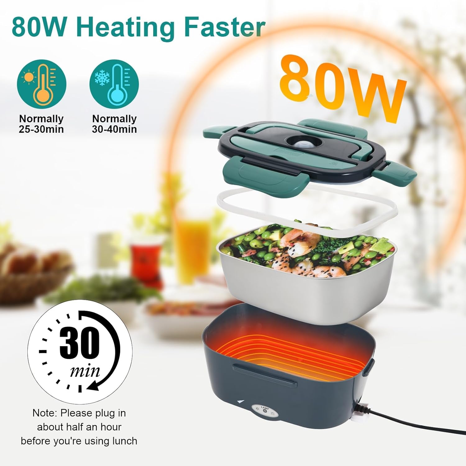 Electric Lunch Box Food Heater, 80W Portable Warmer for Car Truck Work with 304 Stainless Steel Container, 12V/24V/110V Green Heated Lunch Box Suitable for Ideal Driver/Work/Gift