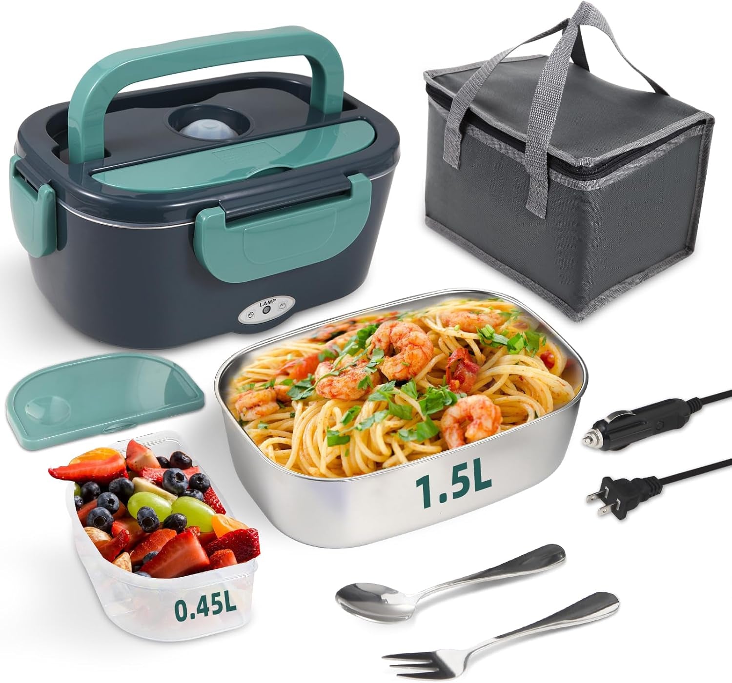 Electric Lunch Box Food Heater, 80W Portable Warmer for Car Truck Work with 304 Stainless Steel Container, 12V/24V/110V Green Heated Lunch Box Suitable for Ideal Driver/Work/Gift