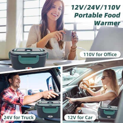 Electric Lunch Box Food Heater, 80W Portable Warmer for Car Truck Work with 304 Stainless Steel Container, 12V/24V/110V Green Heated Lunch Box Suitable for Ideal Driver/Work/Gift